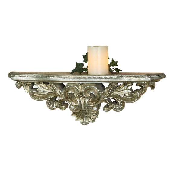 Traditional Elisa Aged Silver Large Floating Wall Shelf; Victorian Scroll and Acanthus Leaf