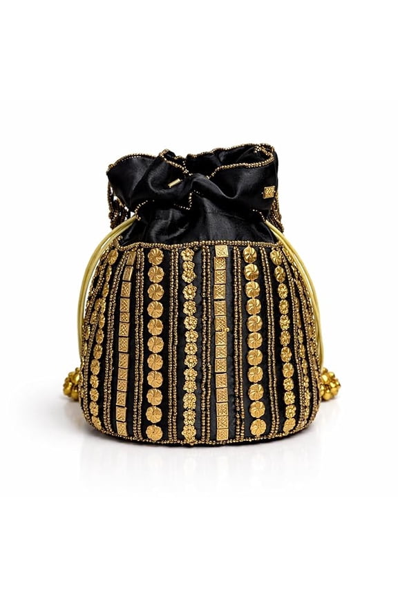 Traditional Embroidered Potli Bag for Women with Drawstring Closure, Ethnic Handcrafted Pouch for Wedding, Festive, Party and Gift Use, Designer Beaded Hand Bag for Carrying Essentials-Black