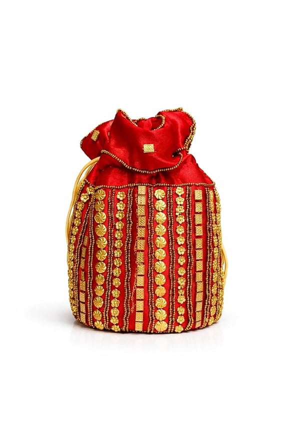 Traditional Embroidered Potli Bag for Women with Drawstring Closure, Ethnic Handcrafted Pouch for Wedding, Festive, Party and Gift Use, Designer Beaded Hand Bag for Carrying Essentials-Red