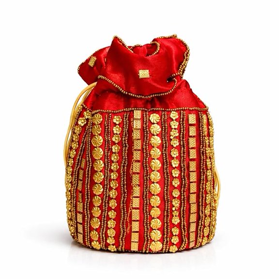 Traditional Embroidered Potli Bag for Women with Drawstring Closure, Ethnic Handcrafted Pouch for Wedding, Festive, Party and Gift Use, Designer Beaded Hand Bag for Carrying Essentials-Red
