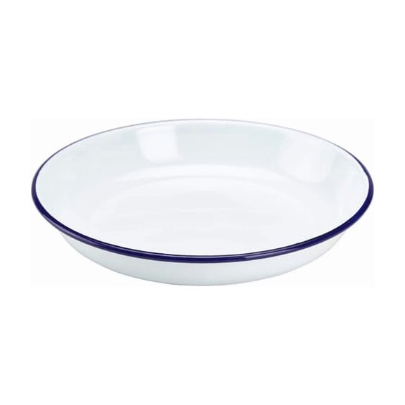 Traditional Enamel Rice Pasta Plate 22cm , White Blue Trim, Round, 22cm
