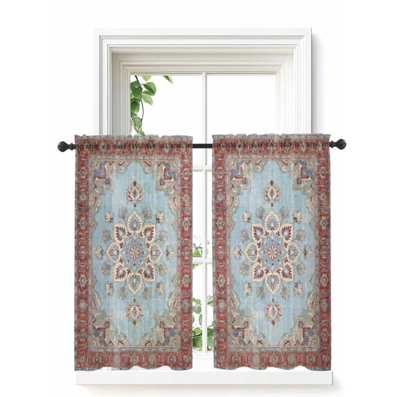 Traditional Ethnic Tier Curtains 45 Inch Length,Sheer Curtains for Bedroom Living Room Window Western Rustic Tribal Boho Prints Rod Pocket Drapes Kitchen Curtains Small Half Window 27.5"x45" 2 Panels
