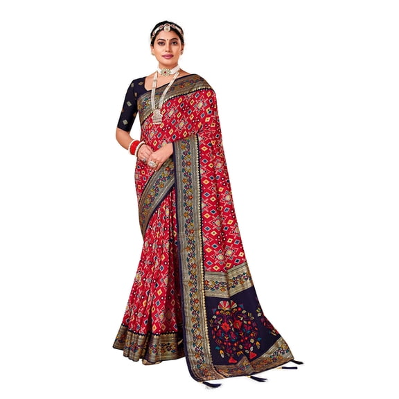 Traditional Ethnicwear Red Silk Cotton Foil Printed Saree