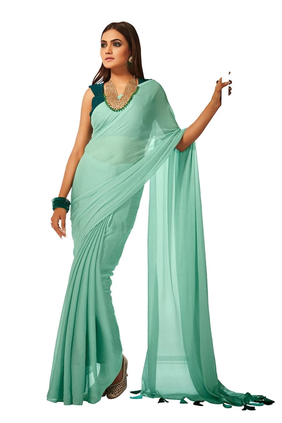 Traditional Ethnicwear Turquoise Green Georgette Solid Saree