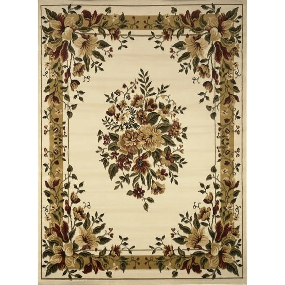 Traditional European Ivory Floral Bordered Medallion Garden Area Rug - Actual 3' 7" x 5' 2"