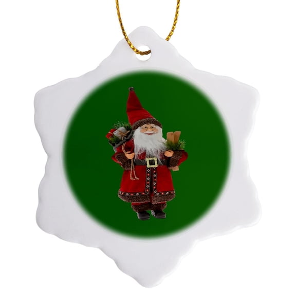 3drose, Traditional European Santa Claus on Green Background, 3 inch Snowflake Porcelain Ornament