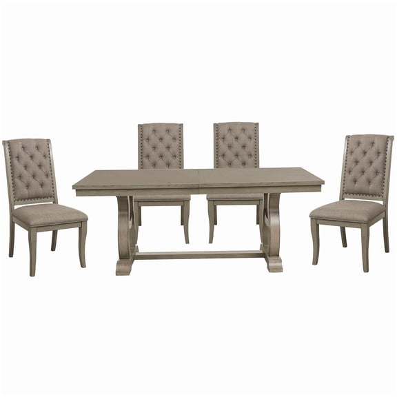 Traditional Extendable Dining Table and Chairs Set for 4-6, Gray Upholstered with Self-Storing Leaf