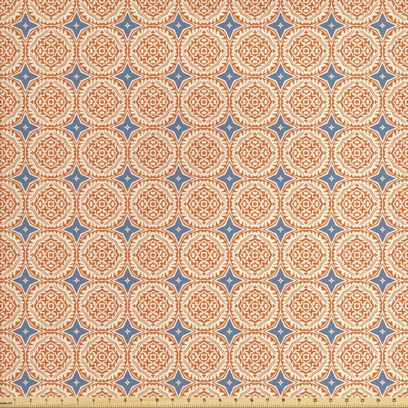 Ambesonne Traditional Fabric by the Yard Upholstery, Floral Motif and Stars, 2 Yards, Orange Blue Cream