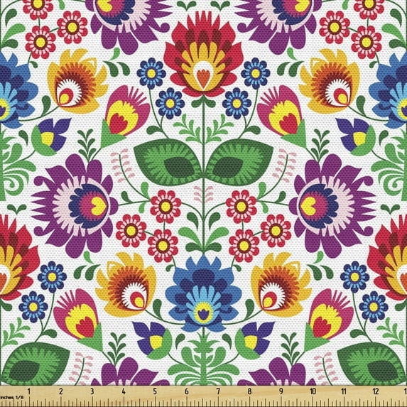 Ambesonne Traditional Fabric by the Yard Upholstery, Polish Flora, 1 Yard, Multicolor