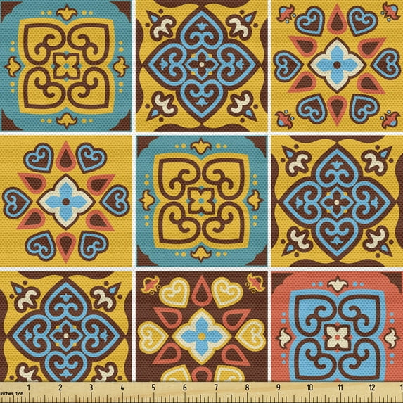 Ambesonne Traditional Fabric by the Yard Upholstery, Azulejo Tile Mosaic, 1 Yard, Multicolor