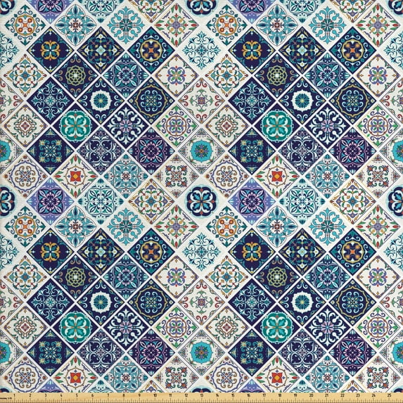Ambesonne Traditional Fabric by the Yard Upholstery, Portuguese Retro Tile, 2 Yards, Multicolor