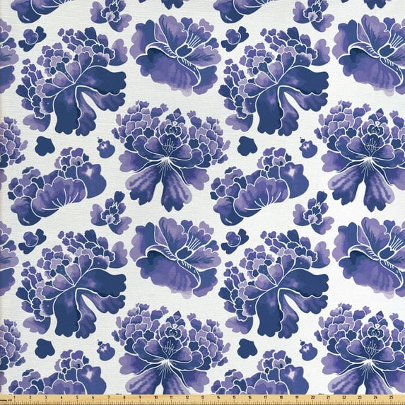 Ambesonne Traditional Fabric by the Yard Upholstery, Chinese Lotus, 2 Yards, Lilac Purple White