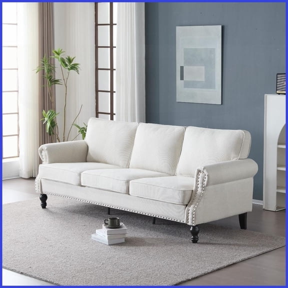 Traditional Faux Leather 3-Seater Sofa with Nailhead Trim 68 Wide for Living Room & Bedroom