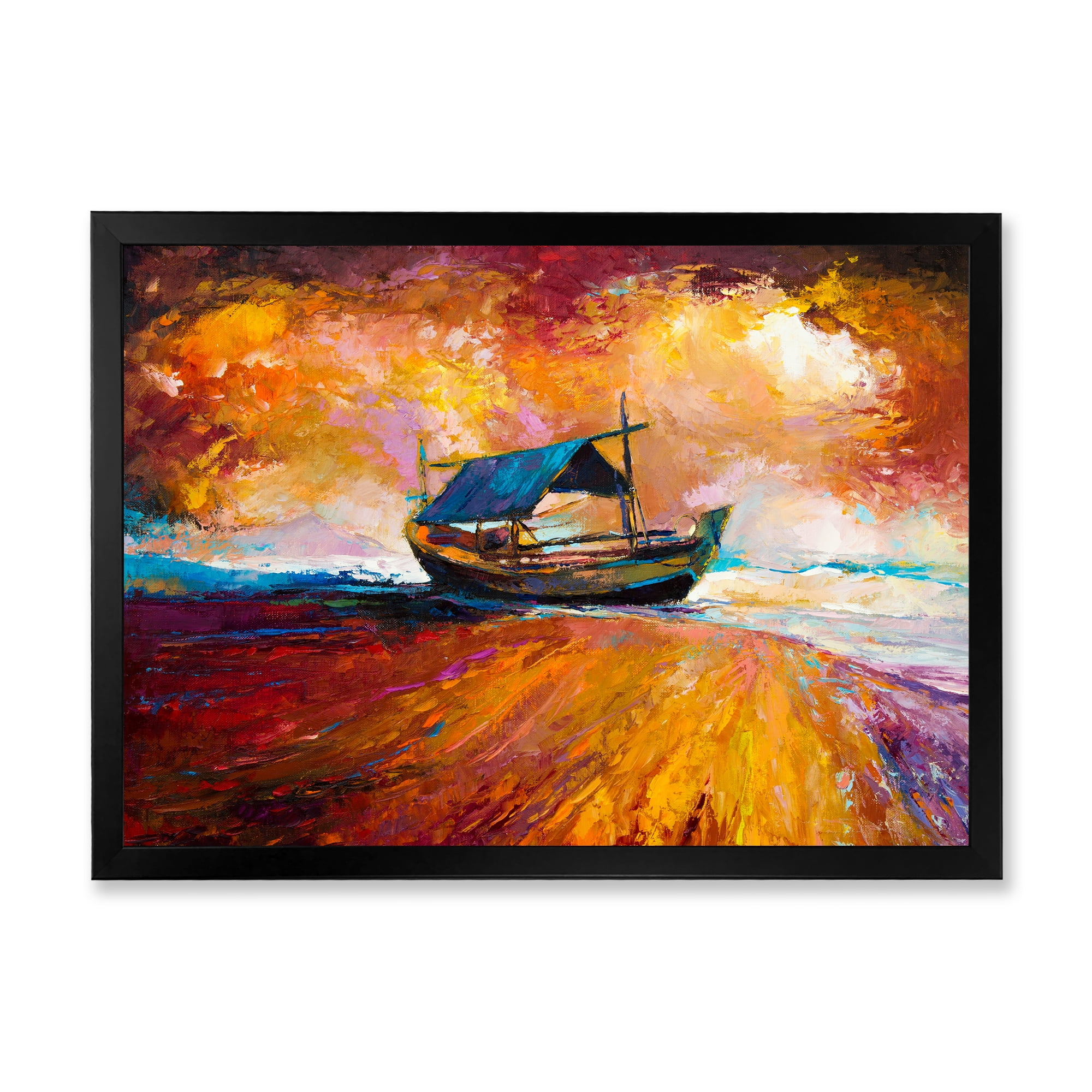 Traditional Fisher boat During Ocean Evening Glow 32 in x 24 in Framed Painting Canvas Art Print, by Designart