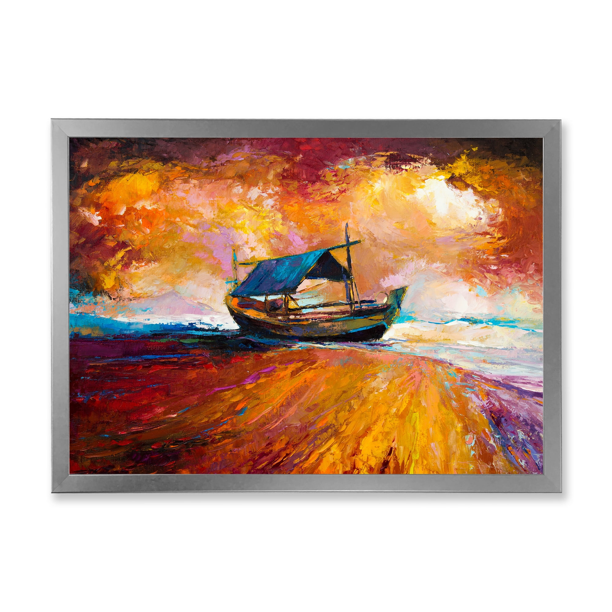 Traditional Fisher boat During Ocean Evening Glow 40 in x 30 in Framed Painting Canvas Art Print, by Designart