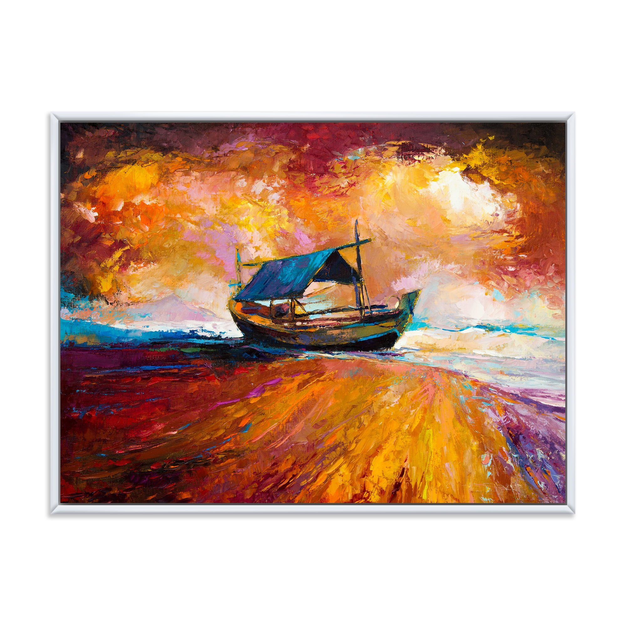 Traditional Fisherboat During Ocean Evening Glow 20 in x 12 in Framed Painting Canvas Art Print, by Designart