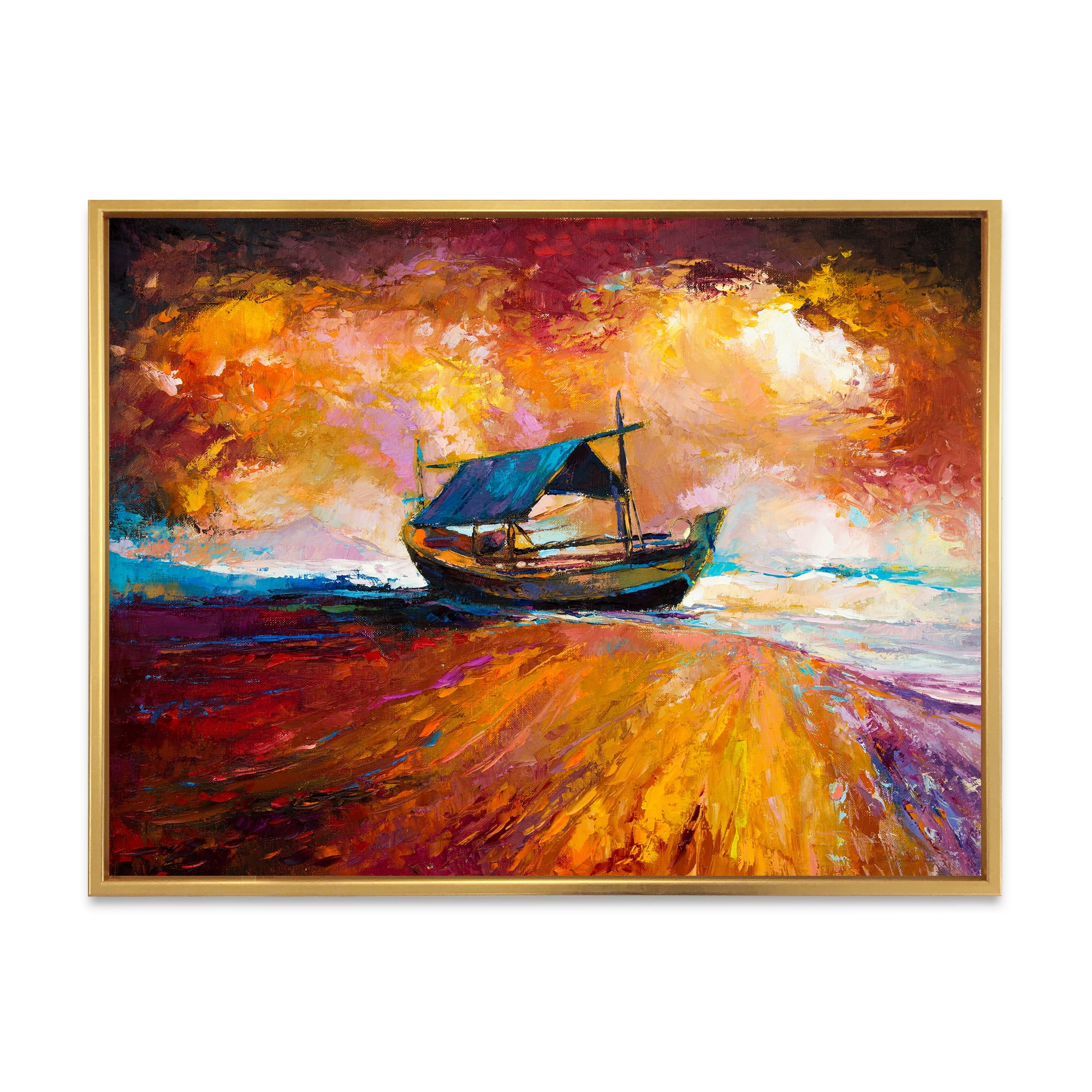Traditional Fisherboat During Ocean Evening Glow 32 in x 16 in Framed Painting Canvas Art Print, by Designart