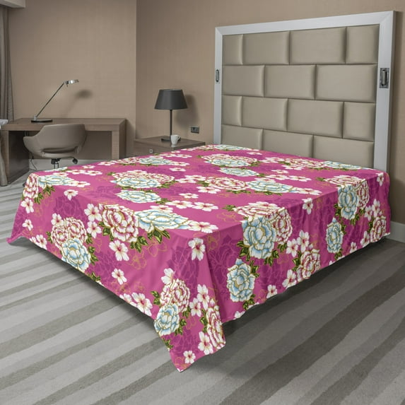 Ambesonne Floral Flat Sheet, Taiwan Hakka Culture, King Size, Pink Blue Green