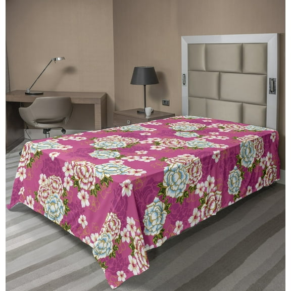 Ambesonne Floral Flat Sheet, Taiwan Hakka Culture, Twin Size, Pink Blue Green