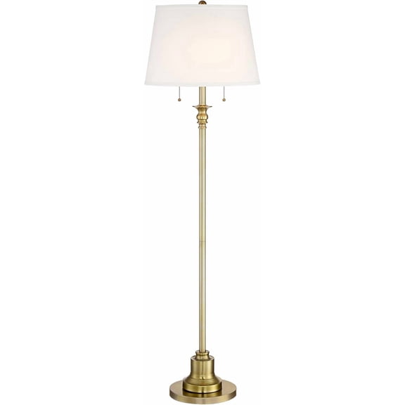 Traditional Floor Lamp Standing 58" Tall Brushed Antique Brass Gold Metal Thin Column Off-White Linen Fabric Empire Shade for Living Room Reading House Bedroom Home