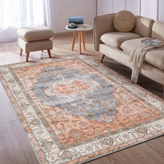 Traditional Floral Area Rug, Washable Non-Shedding Low Pile Floor Mat, Non-Slip, for Bedroom, Living Room, Dining Room, Office