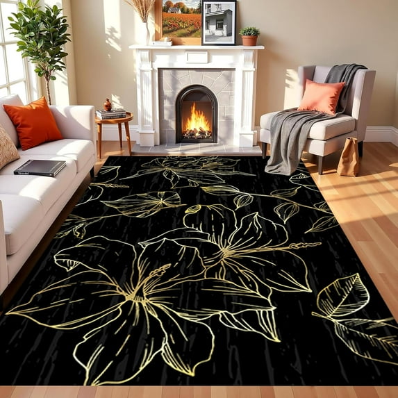 Traditional Floral Collection Accent Rug, Classical Vintage Yellow Lines Flowers Texture Oriental Black Floral Rug, Non-Shedding & Easy Care Rugs For High Traffic Areas 5x6ft