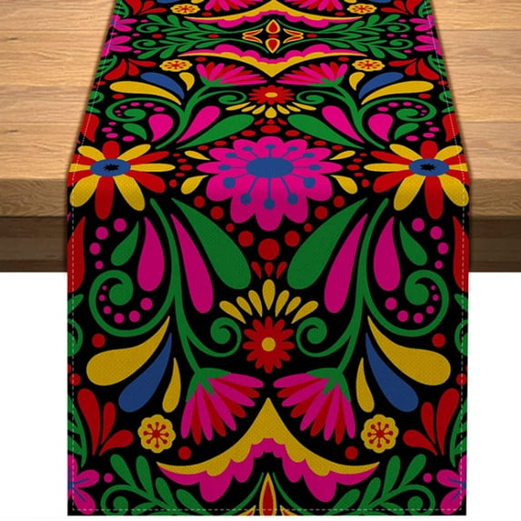 Traditional Floral Fiesta Mexican Texture Path Table Runner, Rectangular Linen Tablecloth for Dia De Los Muertos, Kitchen Coffee Table Art Dining Room, 12.6 x 70.8 inches(32*180cm)