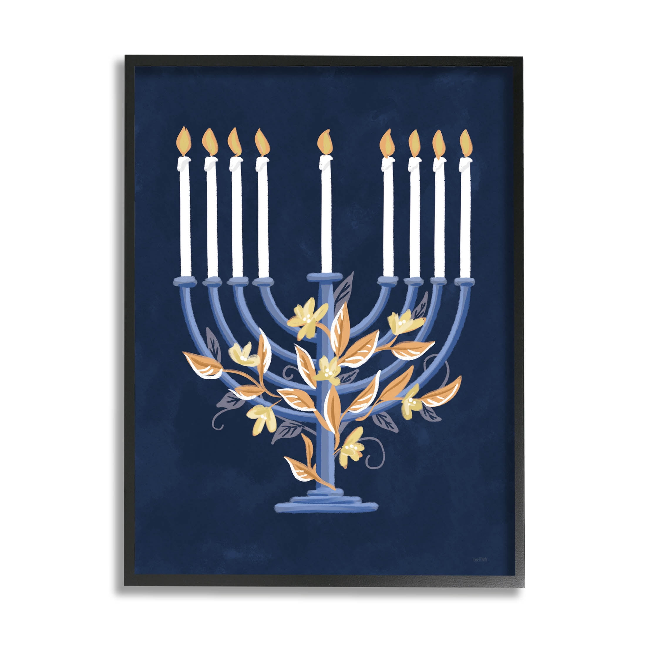 Traditional Floral Hanukkah Menorah Holiday Graphic Art Black Framed Art Print Wall Art