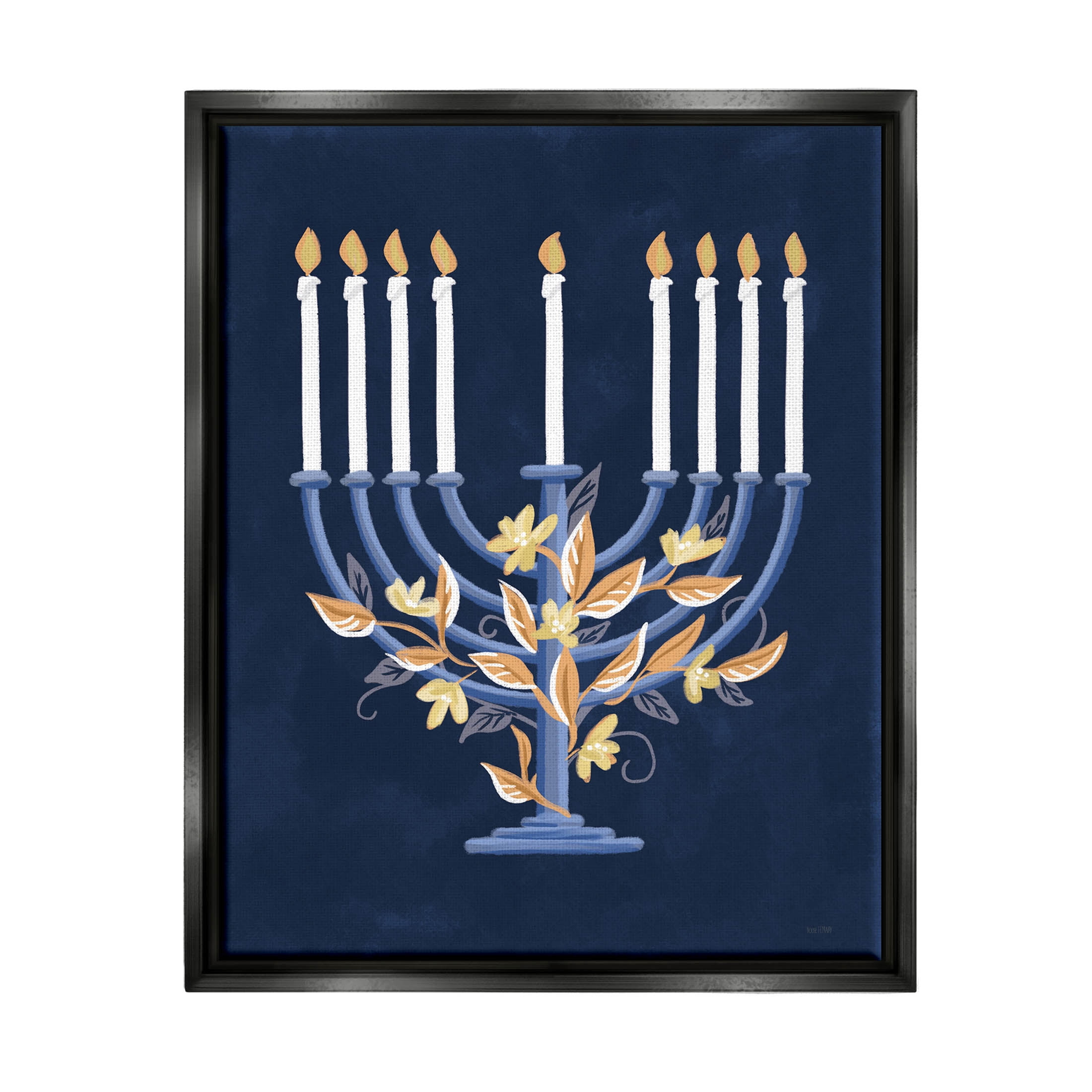Traditional Floral Hanukkah Menorah Holiday Graphic Art Jet Black Framed Art Print Wall Art