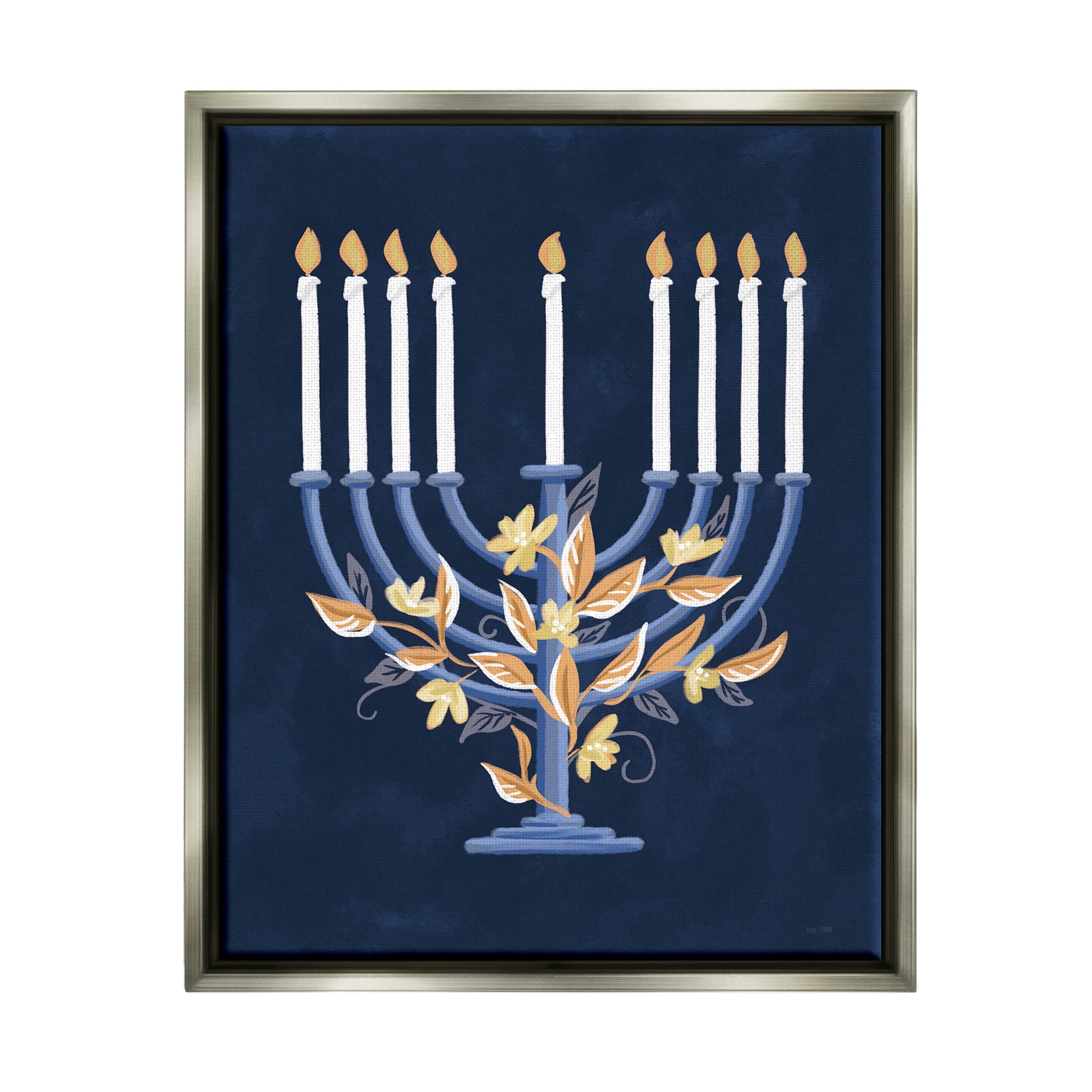 Traditional Floral Hanukkah Menorah Holiday Graphic Art Luster Gray Framed Art Print Wall Art