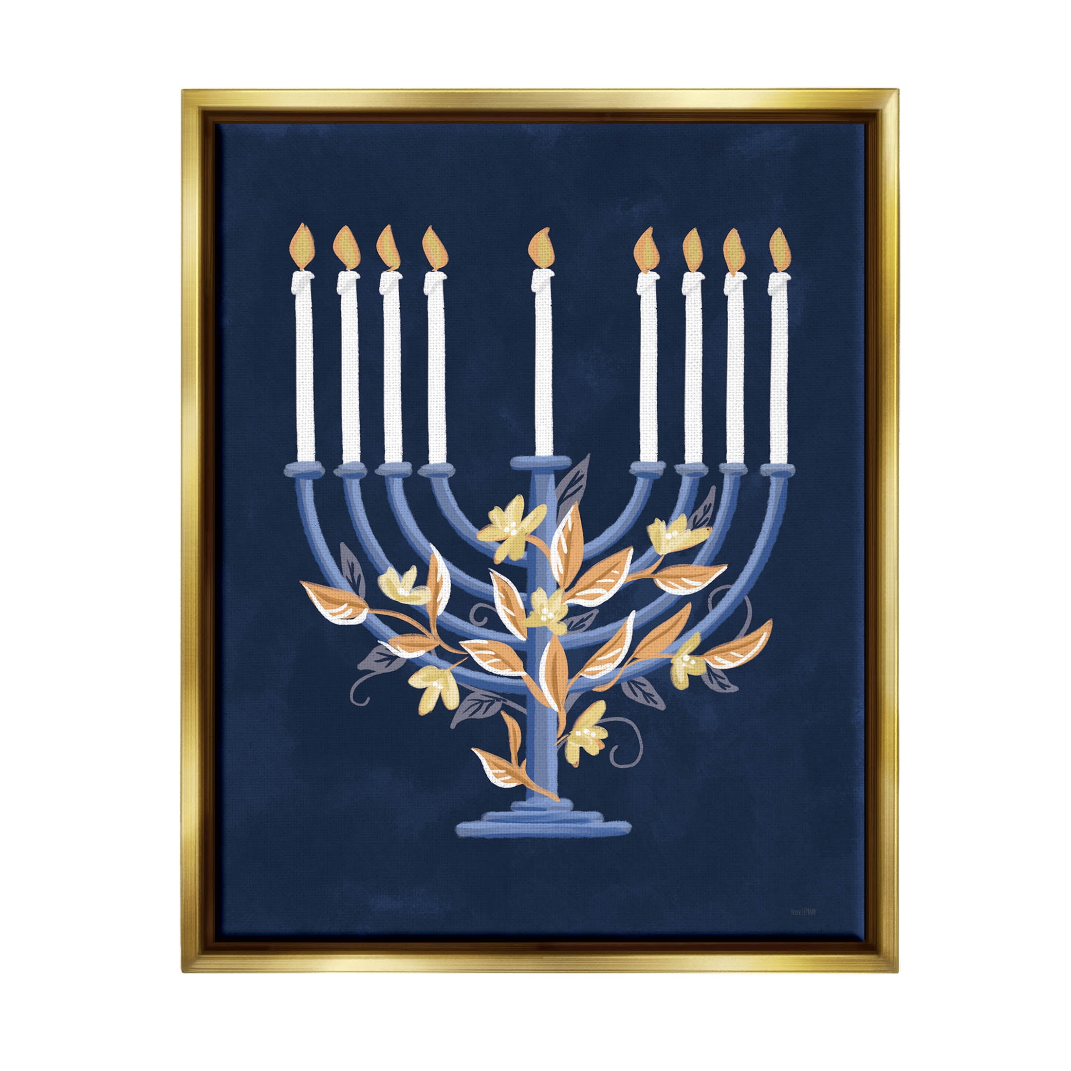Traditional Floral Hanukkah Menorah Holiday Graphic Art Metallic Gold Framed Art Print Wall Art