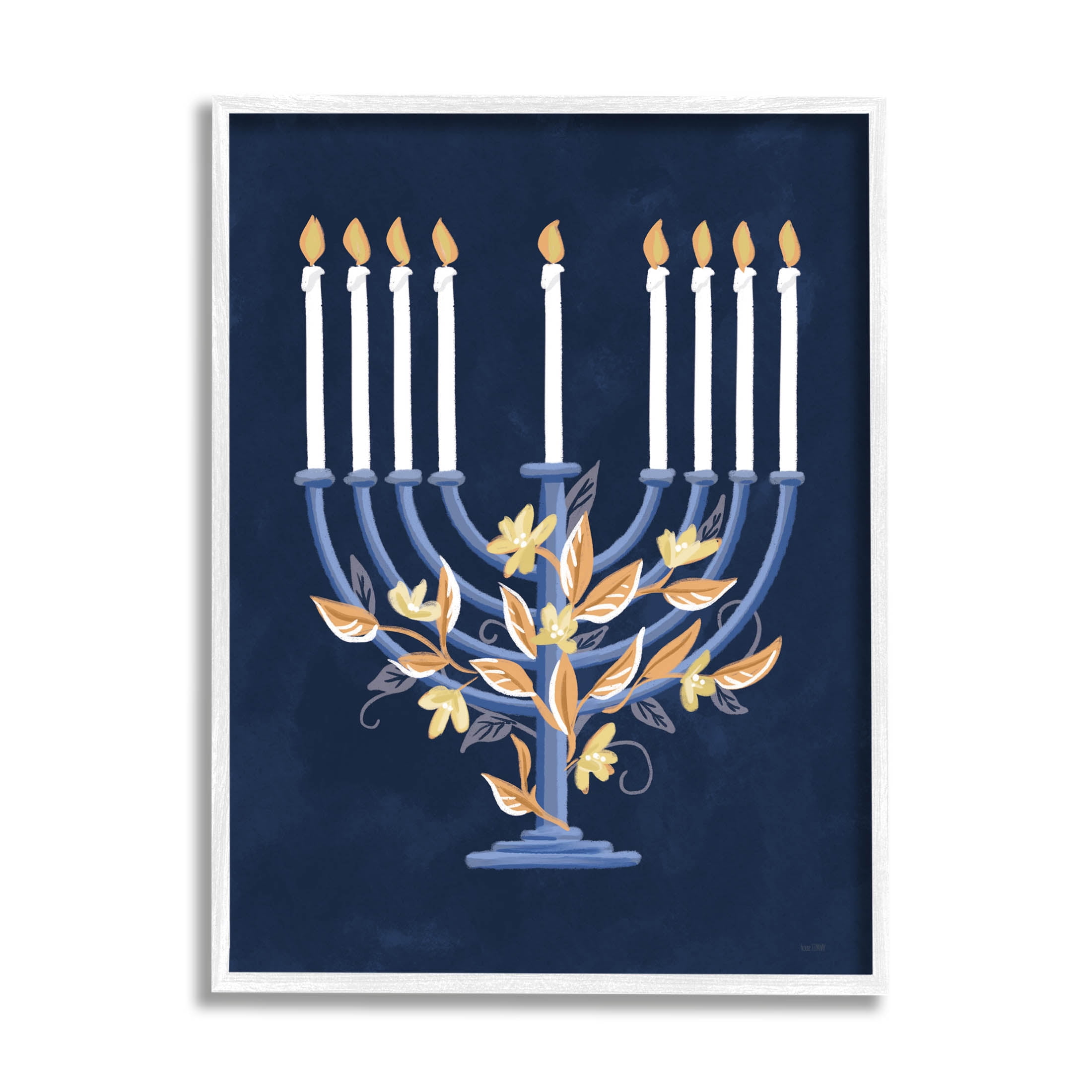 Traditional Floral Hanukkah Menorah Holiday Graphic Art White Framed Art Print Wall Art