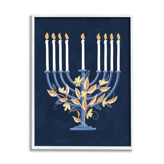 Traditional Floral Hanukkah Menorah Holiday Graphic Art White Framed Art Print Wall Art