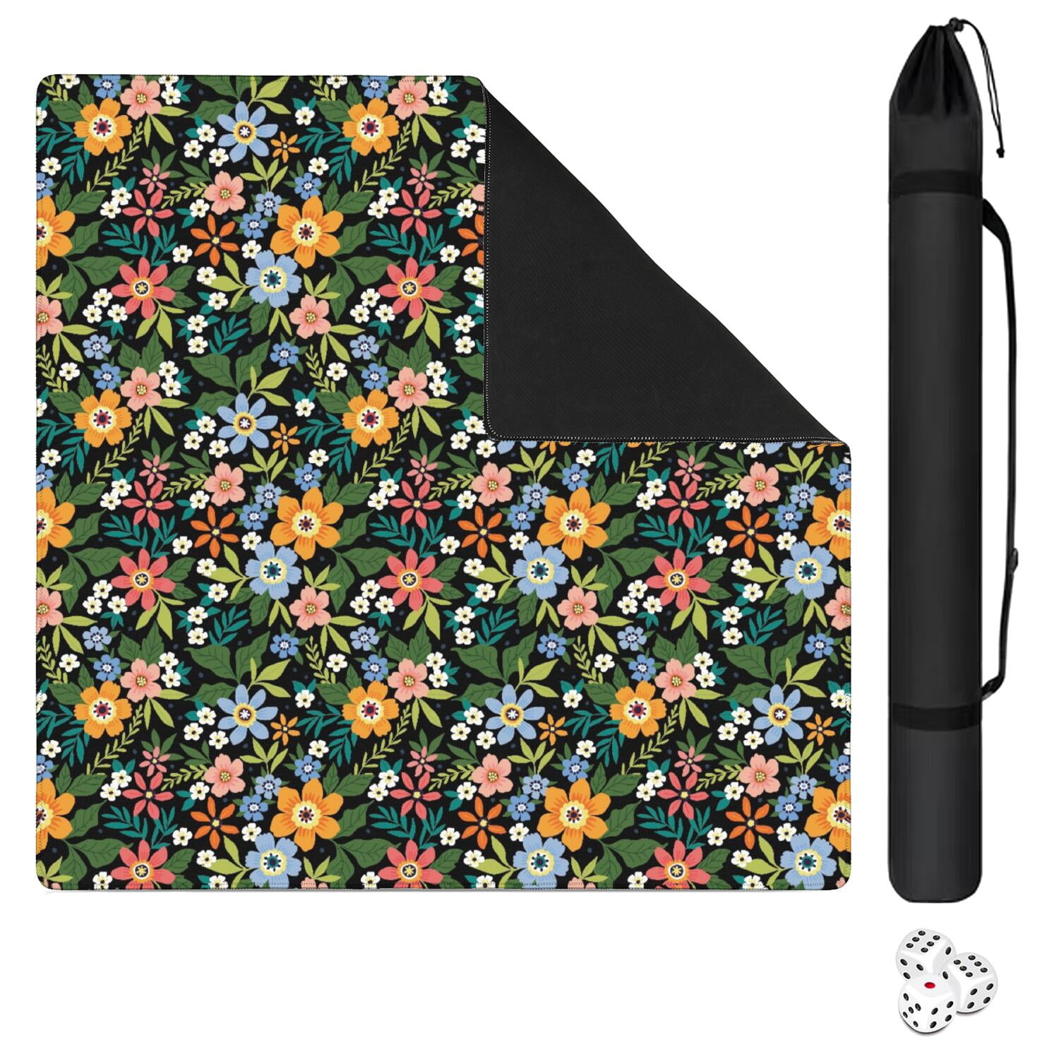 Traditional Floral Print Rubber Game Table Cover 31.5 Inch Square Extra Large Mahjong Mat Quiet Design Anti-Slip Grip for Tiles & Family Nights