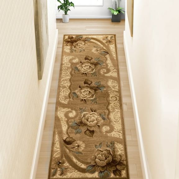 Traditional Floral Scroll Power-Loomed Indoor Area Runner, 2'7" x 8, Taupe by Blue Nile Mills