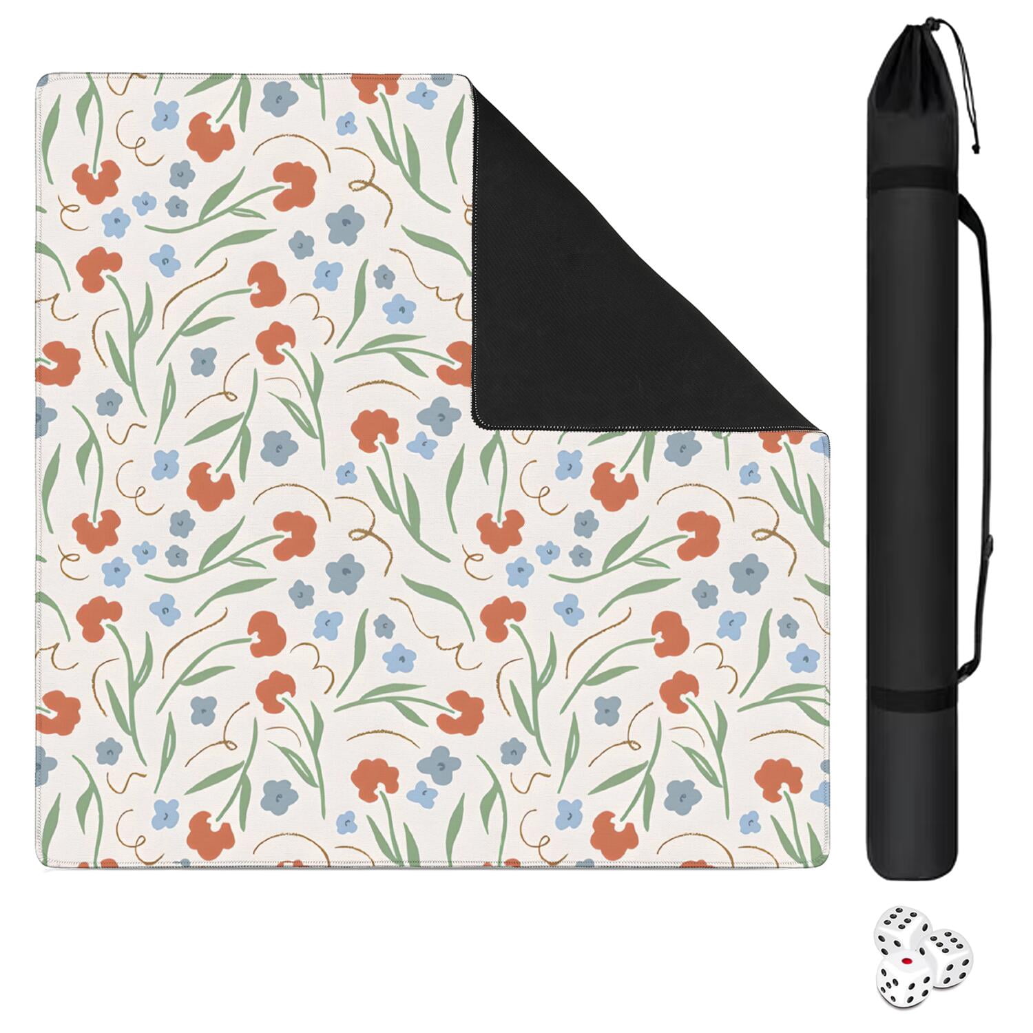 Traditional Floral Style Anti-Slip Game Table Mat 31.5x31.5 Inch Rubber Surface for Mahjong Provides Noise Reduction for Tile Play & Family Entertainment