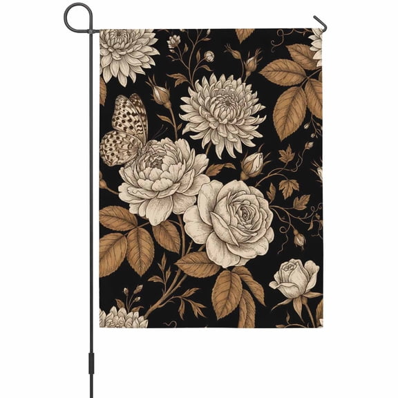 Traditional Flowers Garden Flag 12 x 18 Inches, Black Gold Peony Chrysanthemum Ethnic Petal Weather Proof Outdoor Patio Flags Double Sided Small Garden Decoration for Yard Outside Home