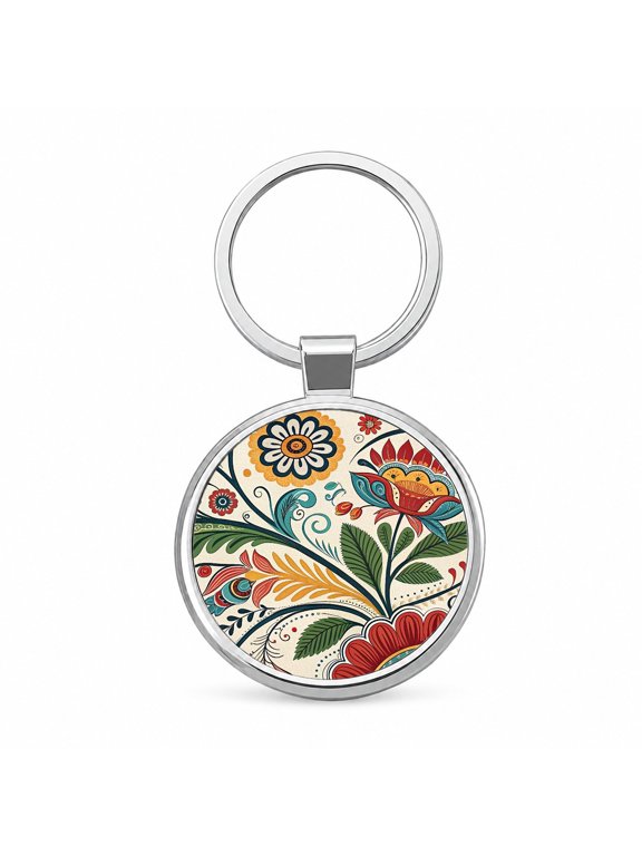 Traditional Folk Art Flowers Leaves Pattern Metal Round Keychain
