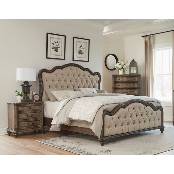 Traditional Formal 3pc King Bedroom Bed Chest Nightstand Set Vintage Brown Oak Finish Wooden Furniture