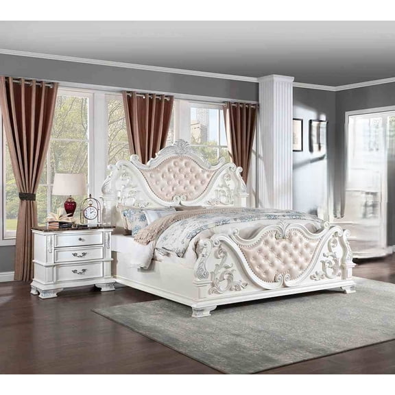 Traditional Formal 3pc Set California King Size Bed Nightstands Leatherette Upholstery Panel Bed Pearl White Marble Top Solid Wood Furniture