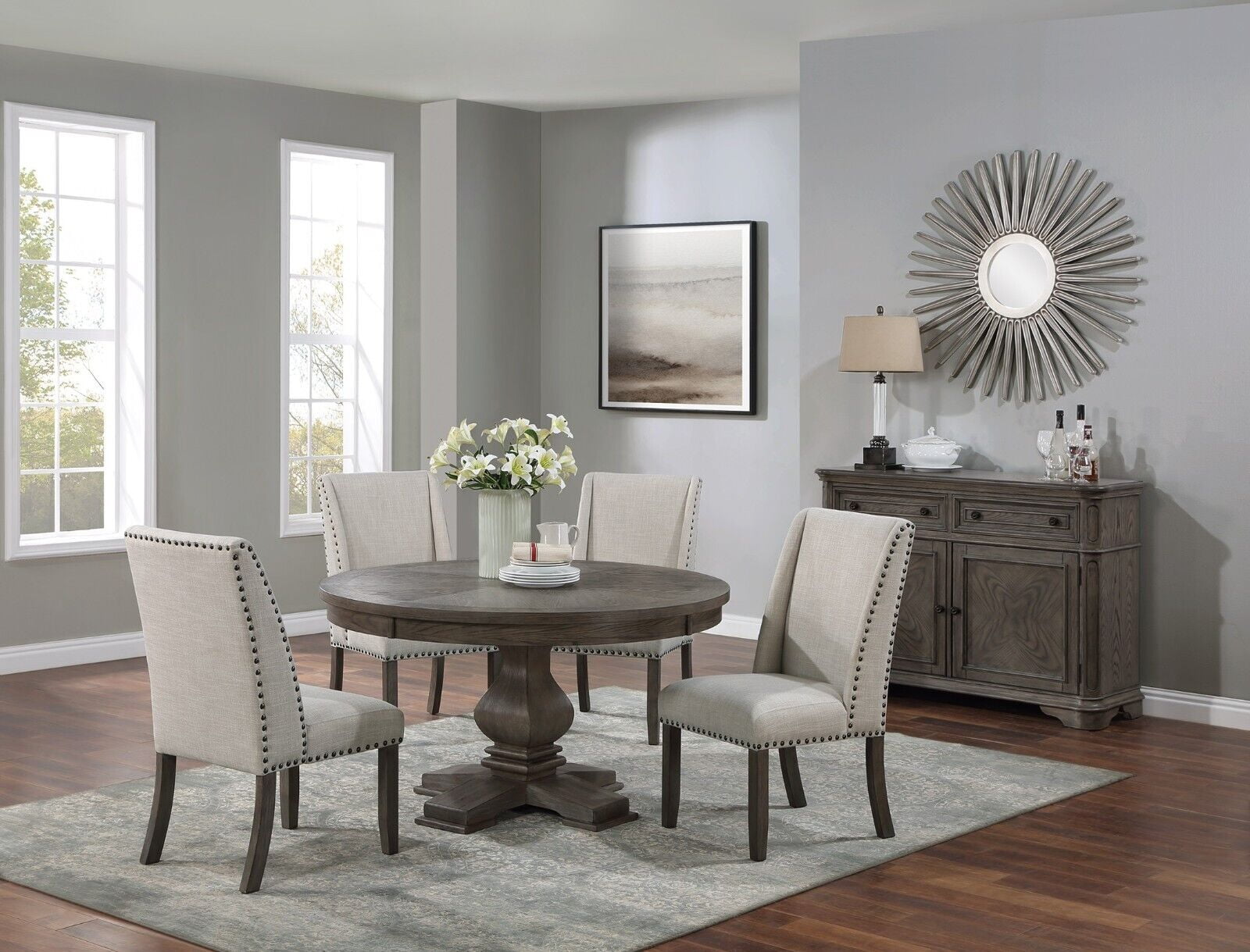 Traditional Formal 54"DIA Round Table w 4x Side Chairs Oak 5pc Dining ...