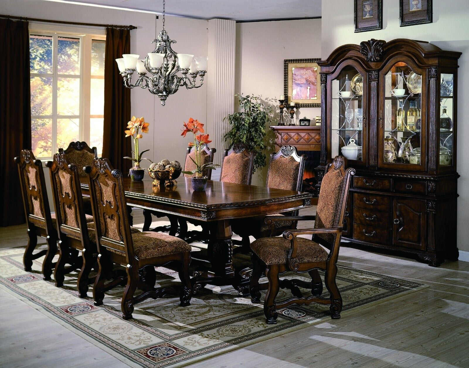 Traditional Cherry Brown 9-Piece Carved Wood Dining Set
