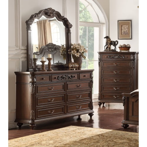 Traditional Formal Antique Cherry / Antique Walnut Unique Design Dresser with Mirror Drawers Storage Bedroom Furniture