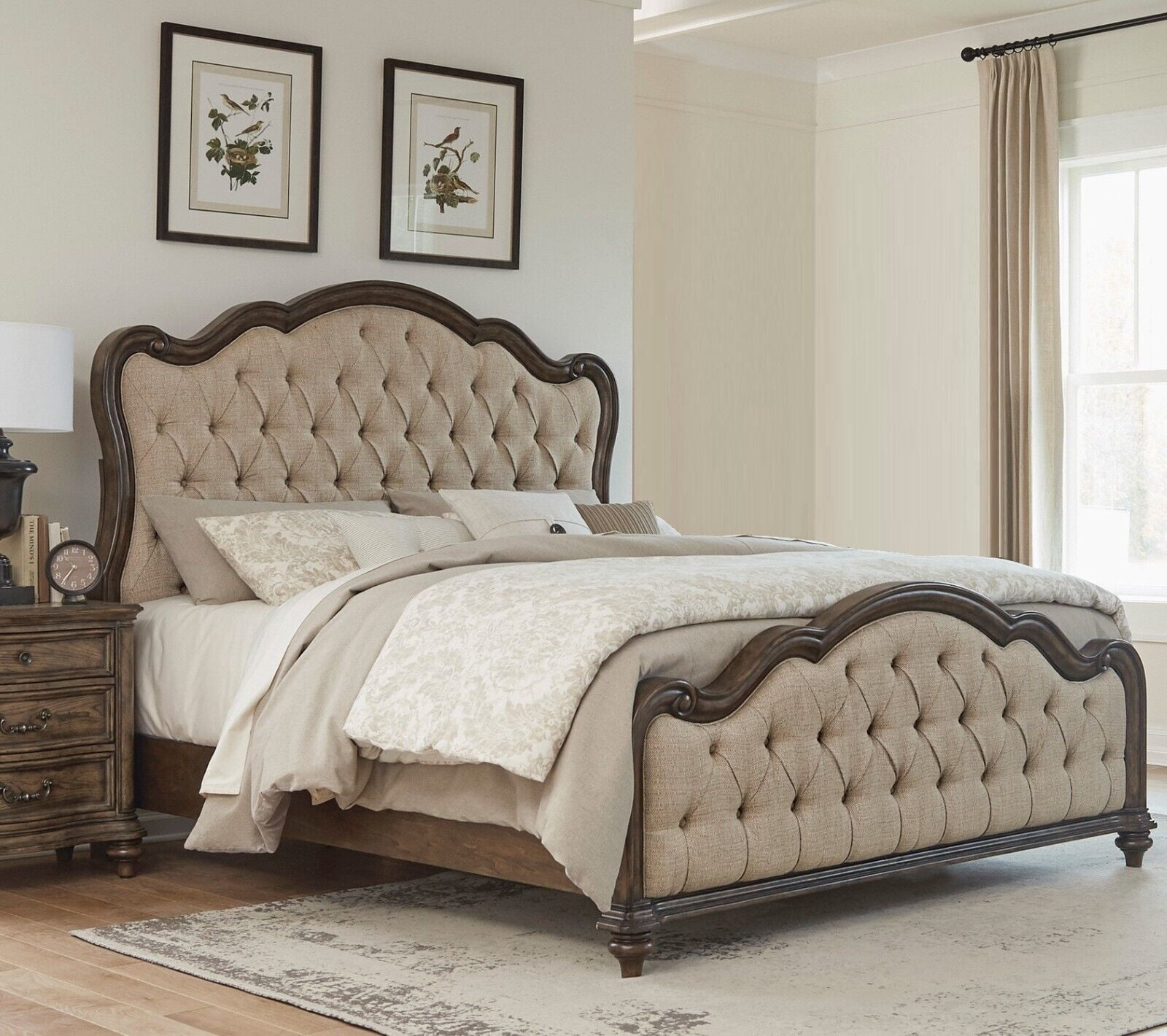 Traditional Formal Cal King Bed Button-Tufted Brown Oak Finish Wooden ...