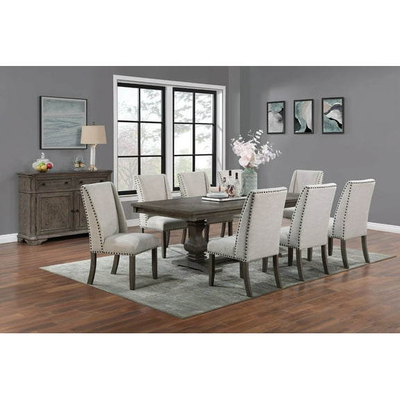 Traditional Formal Dining Table w Leaf 8x Side Chairs Oak Finish 9pc Dining Set Upholstered Chairs Wingback Design Dining Room Furniture