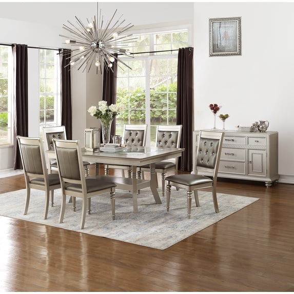 Traditional Formal Dining Table w Shelf 6x Side Chairs Tufted Back Seats Upholstered Kitching 7pc Silver Dining Room Furniture