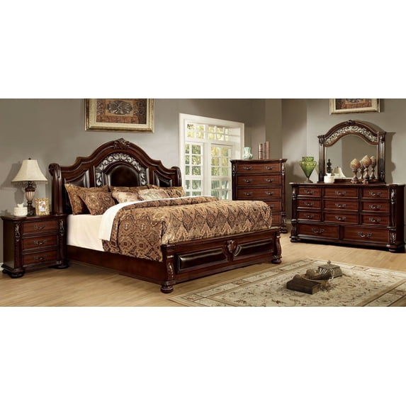 Traditional Formal Intricate Wood Carving Brown Cherry Tufted Nailhead Trim California King Size Bed Dresser Mirror Nightstand Leaterette HB 4pc Bedroom Furniture
