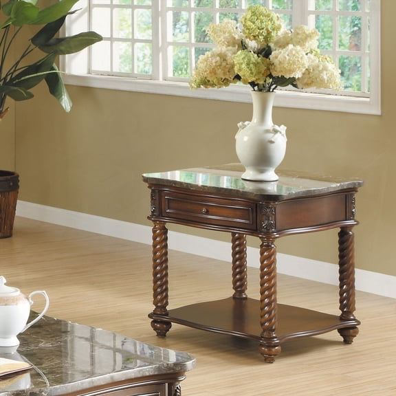 Traditional Formal Living Room Side Table with Marble Top & Mahogany Finish