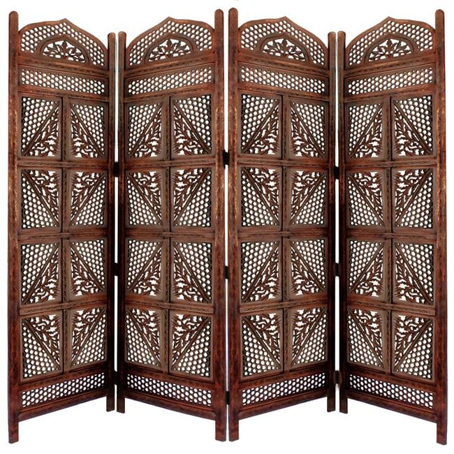 Antique Brown Hand Carved Mango Wood Four Panel Room Divider