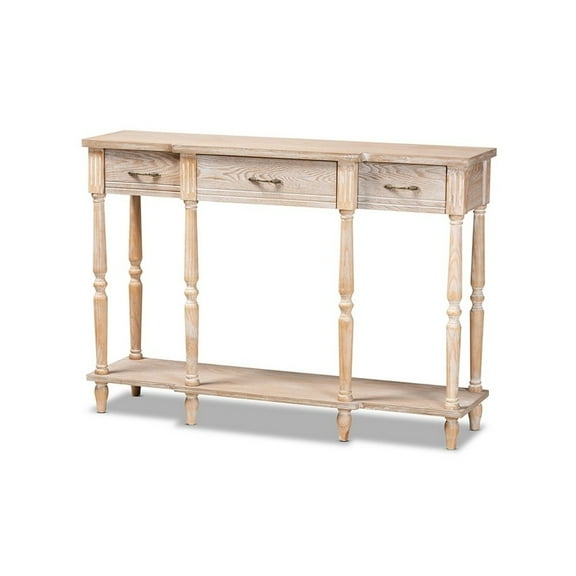Traditional French Provincial Rustic Whitewashed Oak Brown Finished Wood 3-Drawer Console Table